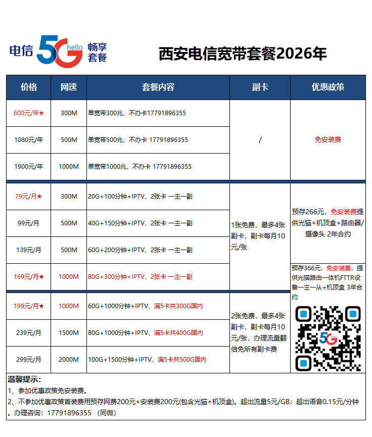 西安电信宽带2026年1月份新版套餐